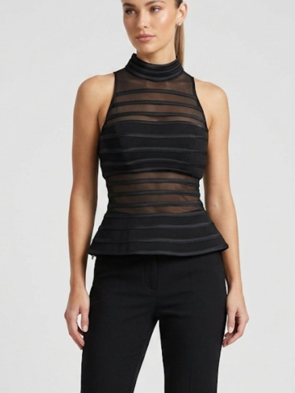 Vintage Cache Black Sheer Striped Mesh High Neck Peplum Top Blouse Size 6